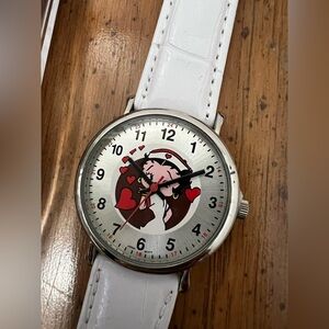 Vintage Prestige Medical Betty Boop Red Hearts Flying Kiss Leather Watch